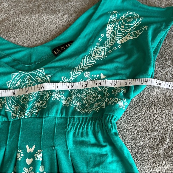 La Class Deep V Neck,Teal Boho, Floral, Flowy, Sleeveless Dress with White Print - Picture 5 of 6